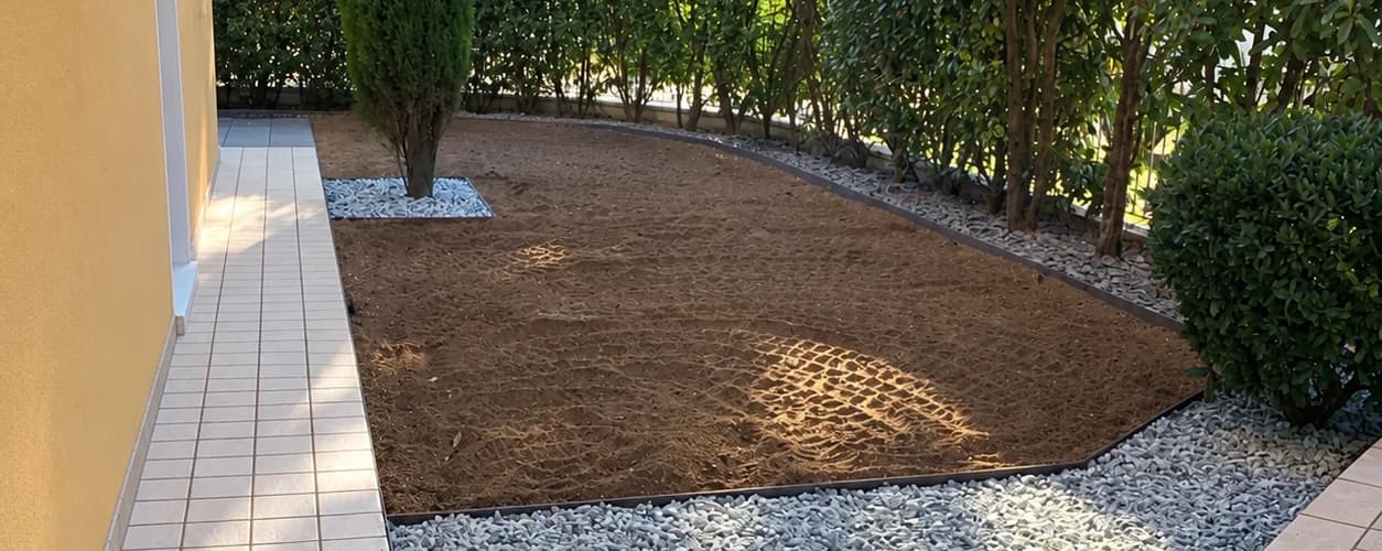 Angolo di giardino con terreno preparato e ghiaia perimetrale
